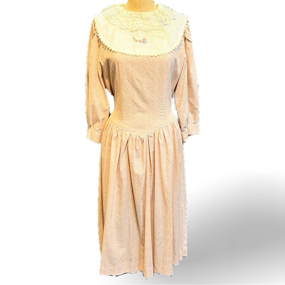 VINTAGE calico ditsy floral prairie dress midi embroidered lace round collar 80s - Picture 1 of 16